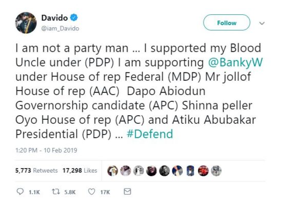 Davido Declares His Stand on Coming Elections