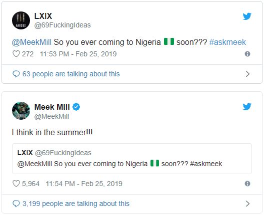 Meek Mill Says He is Visiting Nigeria Soon