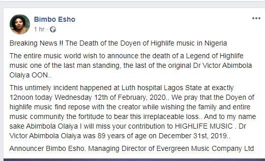 Victor Olaiya's death announvement